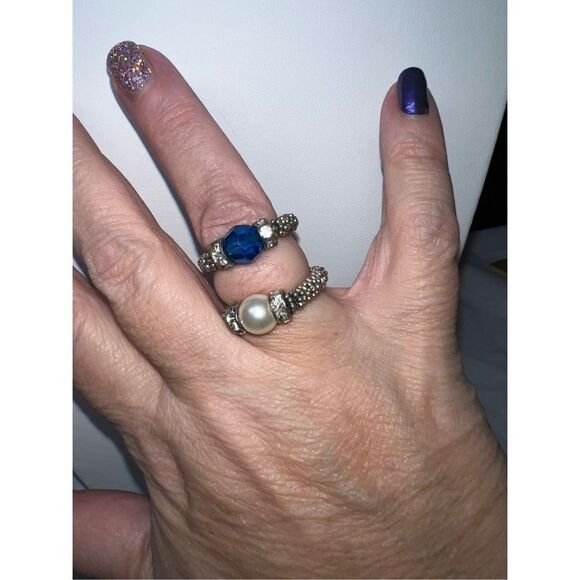 Set of Two Silver Tone and Bead Stretch Rings - Picture 2 of 4